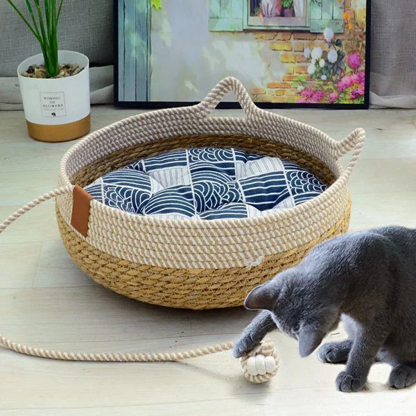 Woven Summer Cat Bed - Breathable Rattan Sleeping House for Indoor Cats