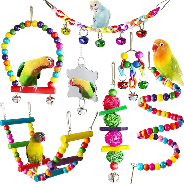 7-Piece Parrot Toy Set - Wooden Swing and Climbing Cage Accessories