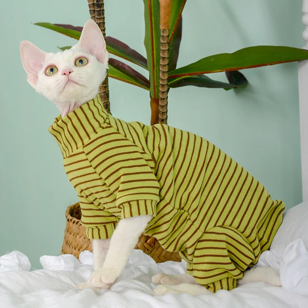 Striped Sphynx Cat Jumpsuit - Soft 4-Legged Loungewear for Hairless Cats