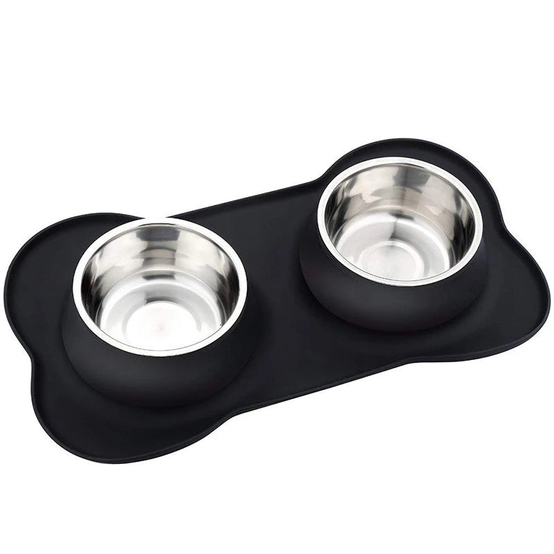 Stainless Steel Double Dog Bowl - Non-Slip Feeding Set with Silicone Mat