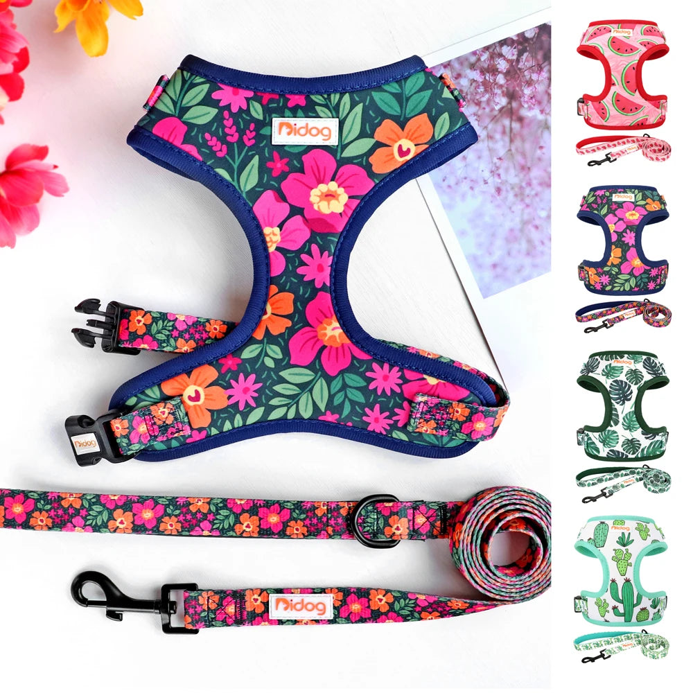 Printed Mesh Dog Harness & Leash Set - Adjustable Nylon Vest for Small Pets