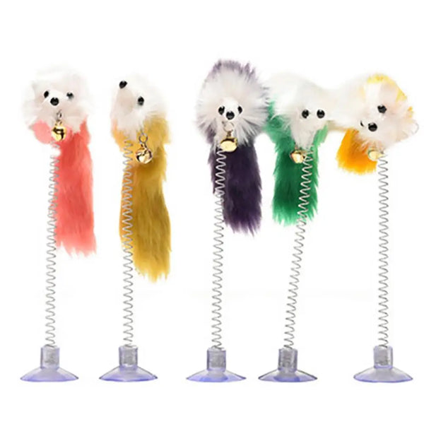 Spring Feather Cat Teaser Toy - Suction Cup Mouse Wand with Bell