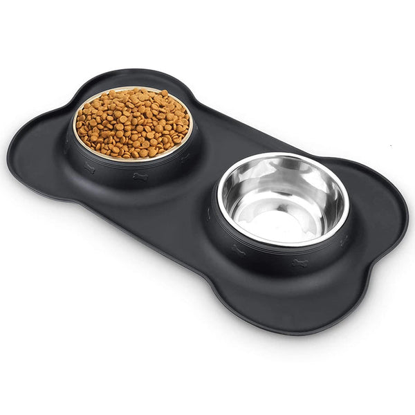Stainless Steel Double Dog Bowl - Non-Slip Feeding Set with Silicone Mat