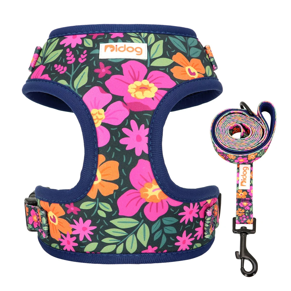 Printed Mesh Dog Harness & Leash Set - Adjustable Nylon Vest for Small Pets