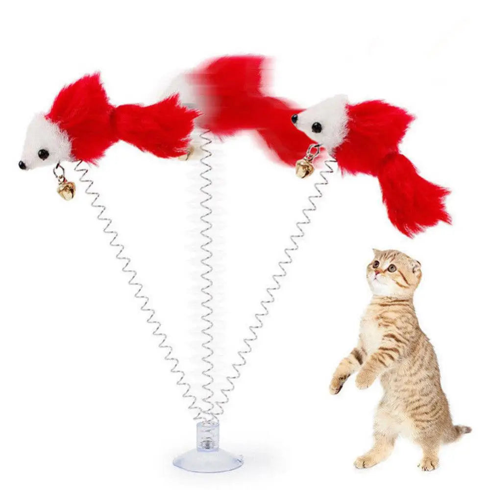 Spring Feather Cat Teaser Toy - Suction Cup Mouse Wand with Bell