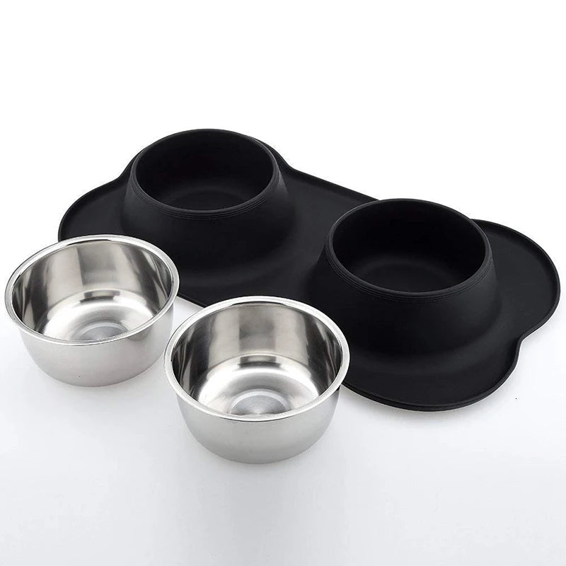 Stainless Steel Double Dog Bowl - Non-Slip Feeding Set with Silicone Mat