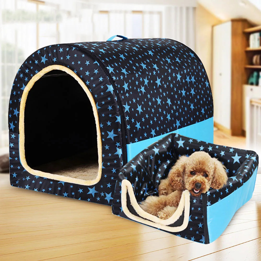 Star Print Pet House Bed - Foldable Warm Kennel for Dogs & Cats