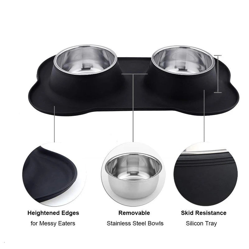 Stainless Steel Double Dog Bowl - Non-Slip Feeding Set with Silicone Mat