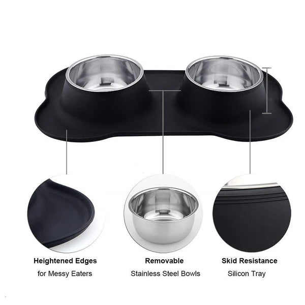 Stainless Steel Double Dog Bowl - Non-Slip Feeding Set with Silicone Mat