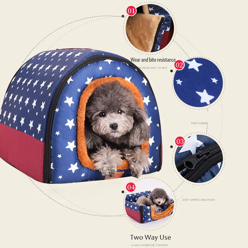 Star Print Pet House Bed - Foldable Warm Kennel for Dogs & Cats