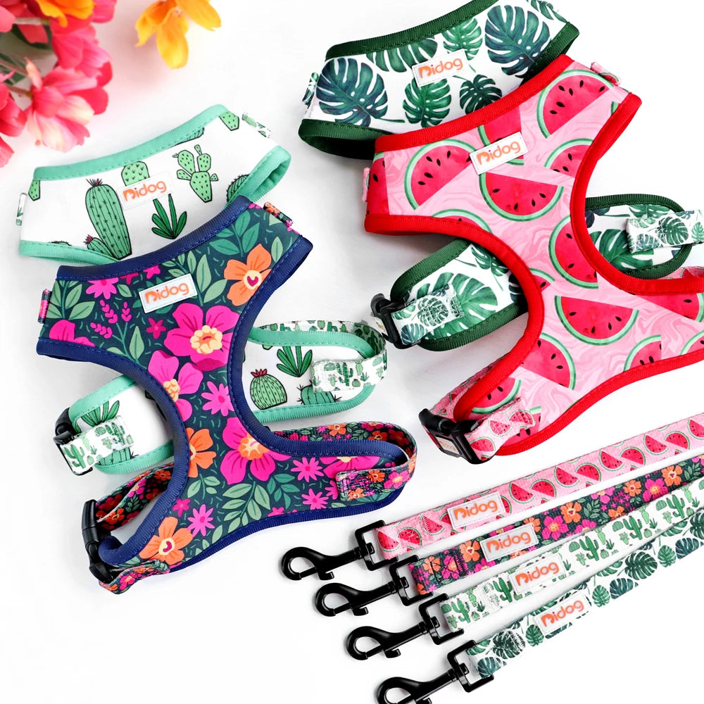 Printed Mesh Dog Harness & Leash Set - Adjustable Nylon Vest for Small Pets