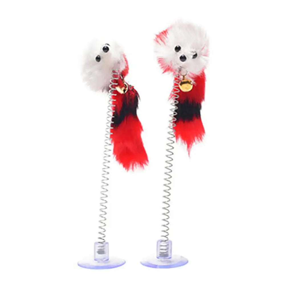 Spring Feather Cat Teaser Toy - Suction Cup Mouse Wand with Bell