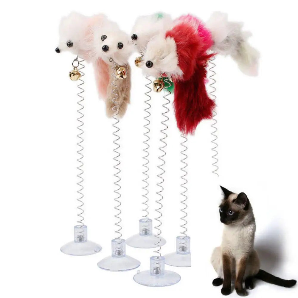Spring Feather Cat Teaser Toy - Suction Cup Mouse Wand with Bell