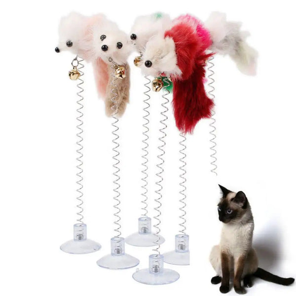 Spring Feather Cat Teaser Toy - Suction Cup Mouse Wand with Bell
