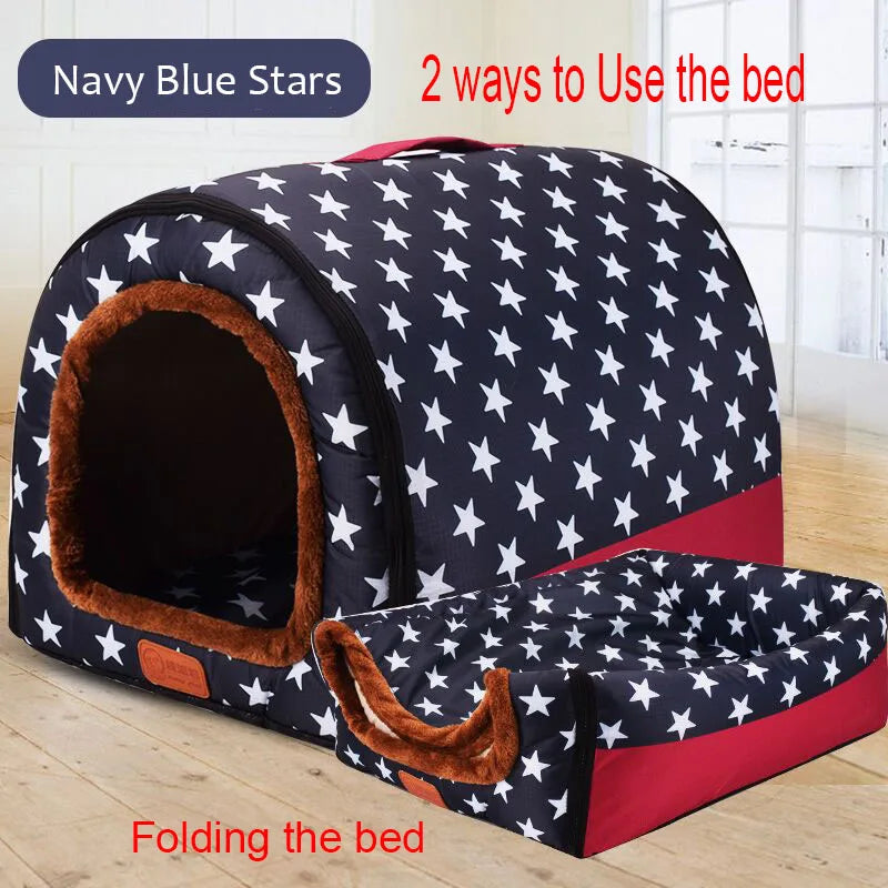 Star Print Pet House Bed - Foldable Warm Kennel for Dogs & Cats