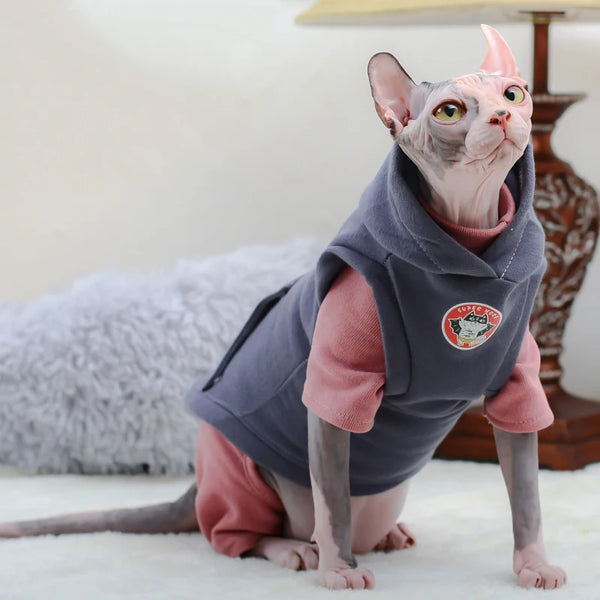 Sphynx Cat Hoodie Set - Warm Cotton Vest & Pajamas for Winter Comfort