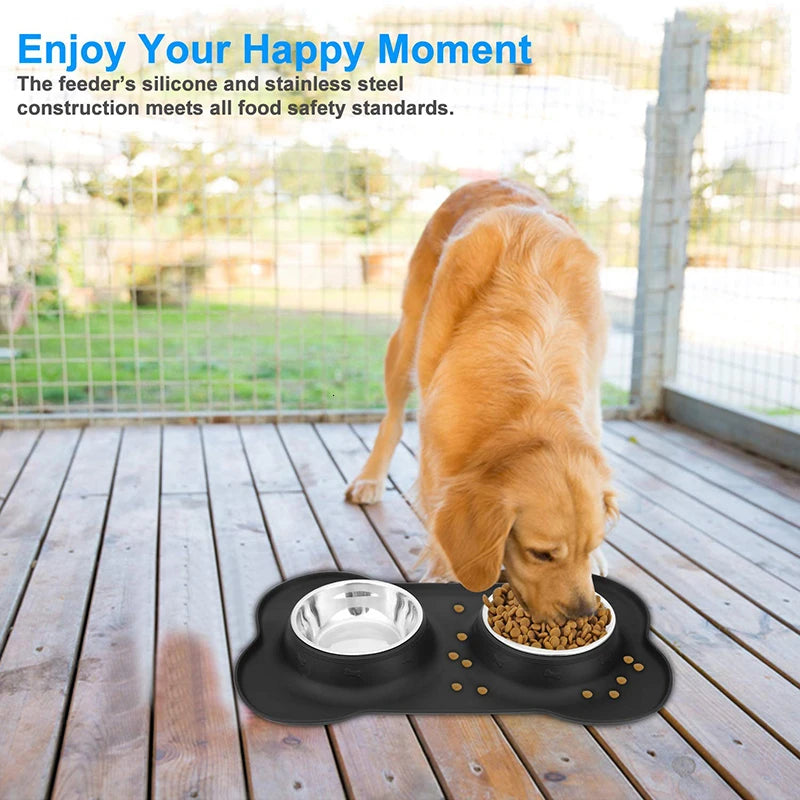 Stainless Steel Double Dog Bowl - Non-Slip Feeding Set with Silicone Mat