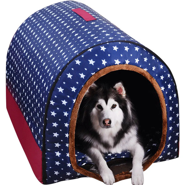 Star Print Pet House Bed - Foldable Warm Kennel for Dogs & Cats
