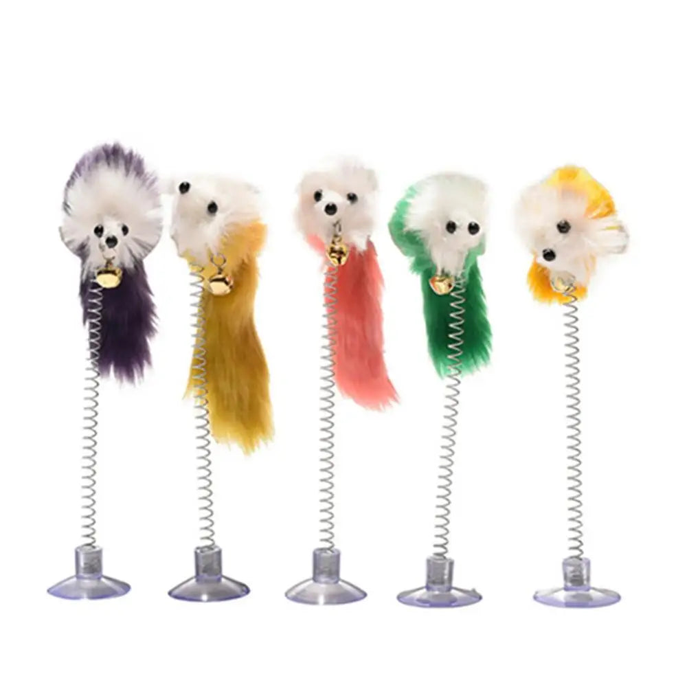 Spring Feather Cat Teaser Toy - Suction Cup Mouse Wand with Bell