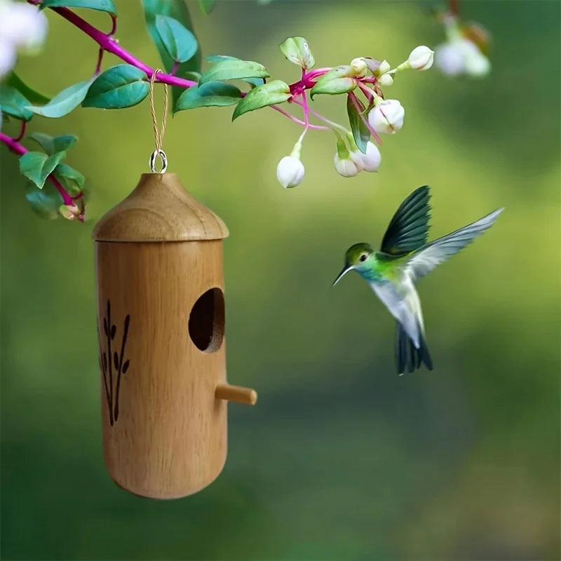 Wooden Hummingbird House - Decorative Hanging Bird Nest for Outdoor Gardens