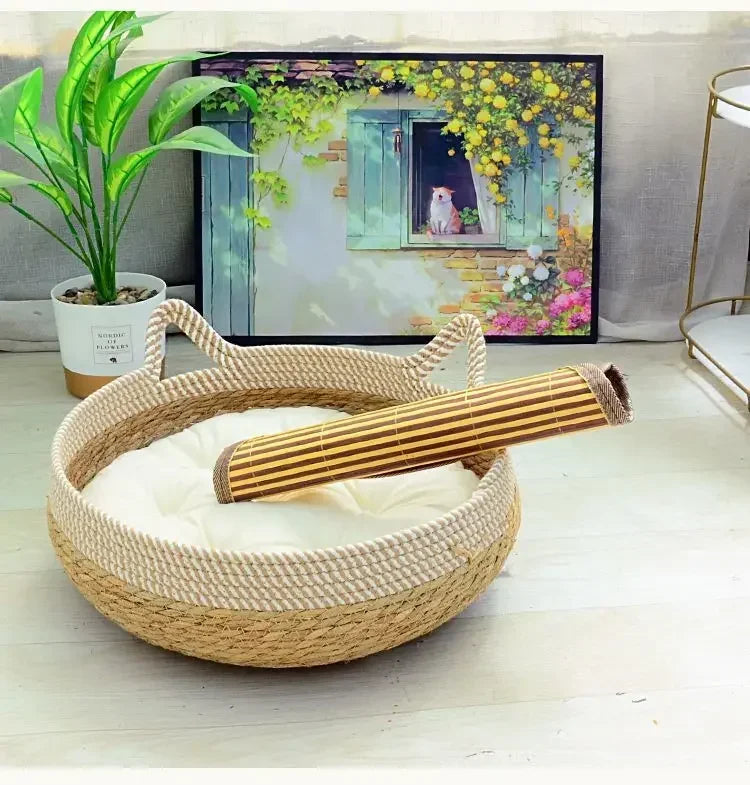 Woven Summer Cat Bed - Breathable Rattan Sleeping House for Indoor Cats
