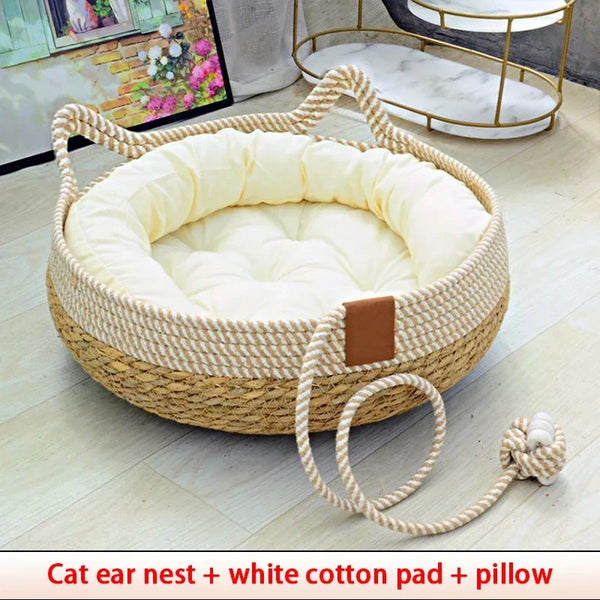 Woven Summer Cat Bed - Breathable Rattan Sleeping House for Indoor Cats