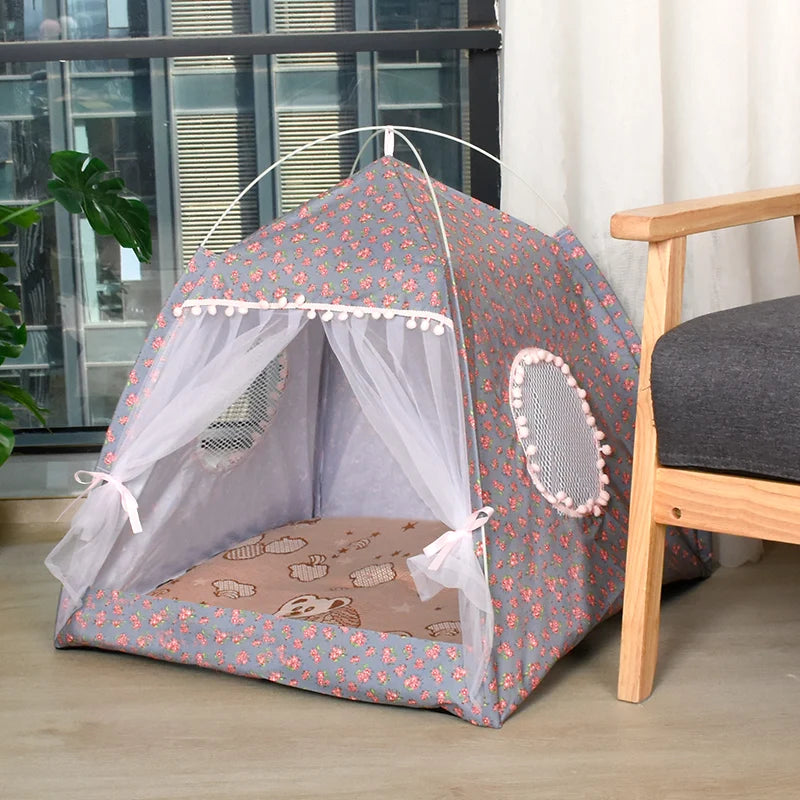 Floral Tent Pet Bed - Semi-Enclosed All-Season Nest for Cats & Small Dogs
