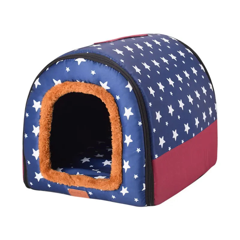 Star Print Pet House Bed - Foldable Warm Kennel for Dogs & Cats