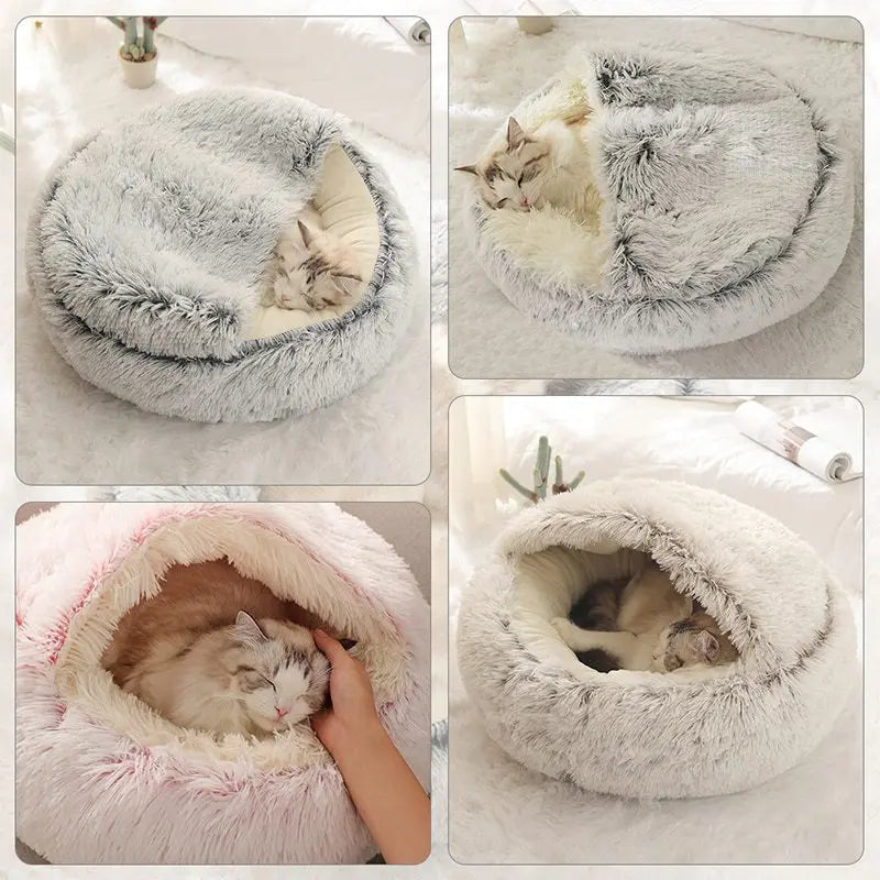 Round Plush Pet Cave Bed - Soft Covered Nest for Cats & Small Dogs