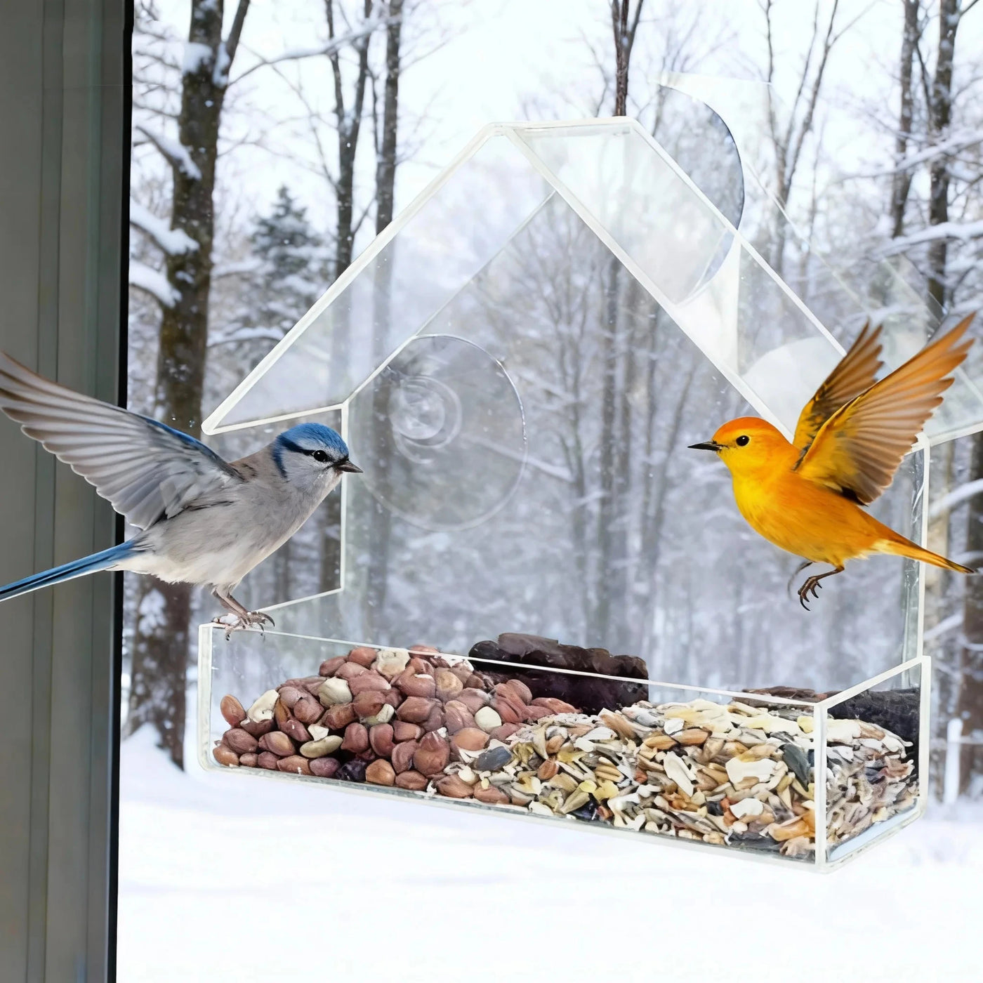 Clear Window Bird Feeder - Acrylic Hanging Feeder with Suction Cups