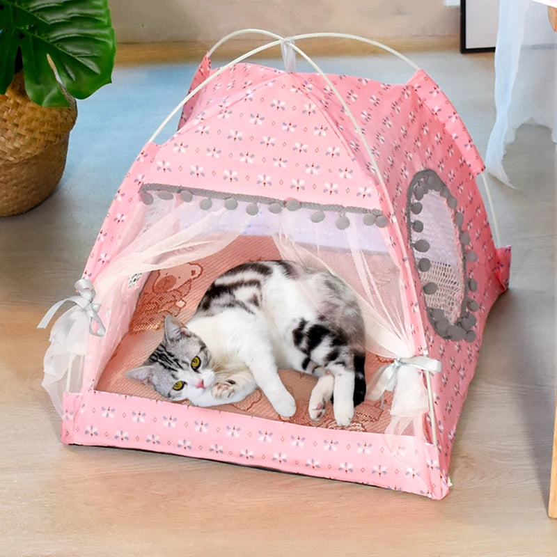 Floral Tent Pet Bed - Semi-Enclosed All-Season Nest for Cats & Small Dogs