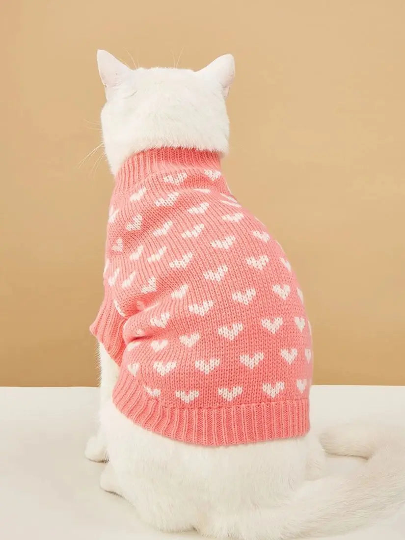 Heart Graphic Cat Sweater - Soft Warm Knit for Autumn & Winter