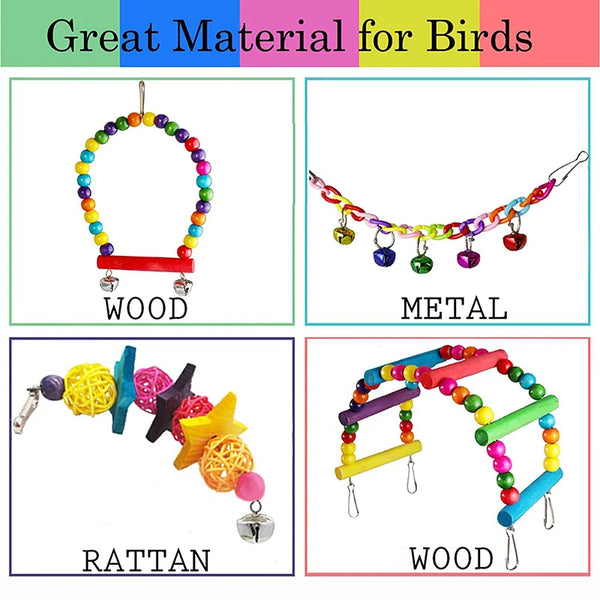 7-Piece Parrot Toy Set - Wooden Swing and Climbing Cage Accessories