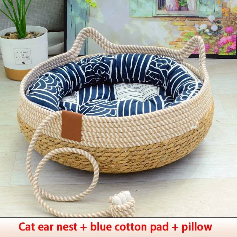 Woven Summer Cat Bed - Breathable Rattan Sleeping House for Indoor Cats