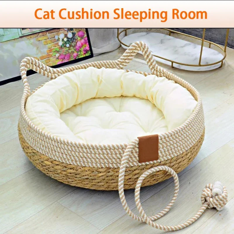 Woven Summer Cat Bed - Breathable Rattan Sleeping House for Indoor Cats
