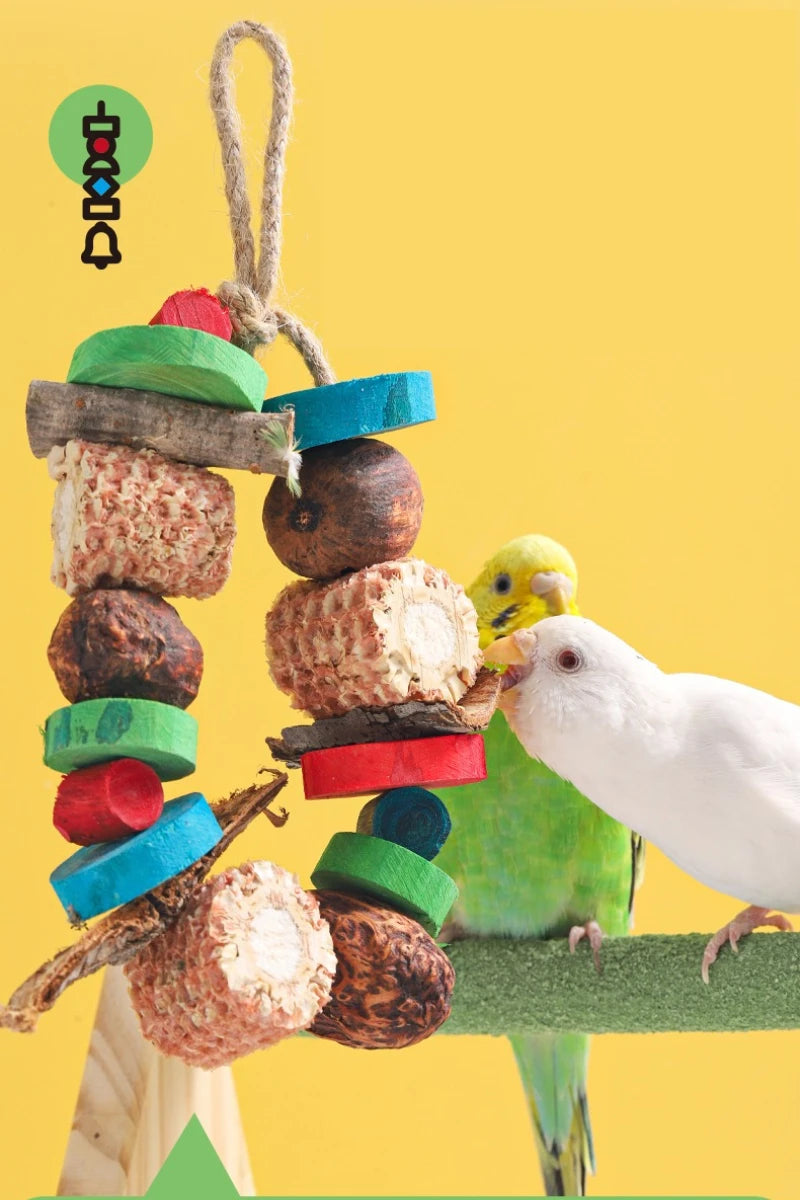 Natural Parrot Chew Toy - Hanging Corn Cob and Wood Bird Toy