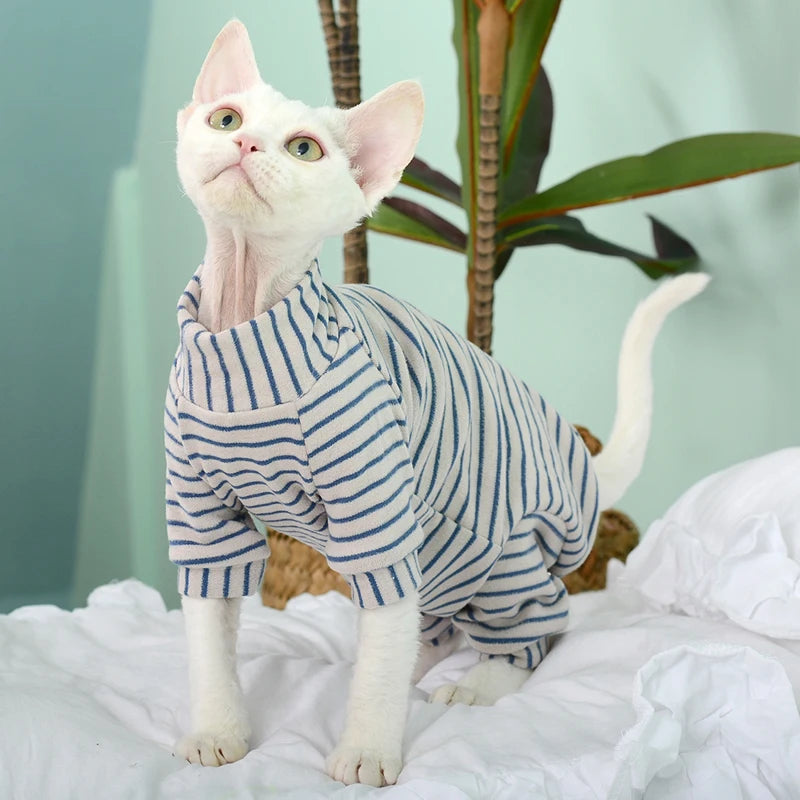 Striped Sphynx Cat Jumpsuit - Soft 4-Legged Loungewear for Hairless Cats