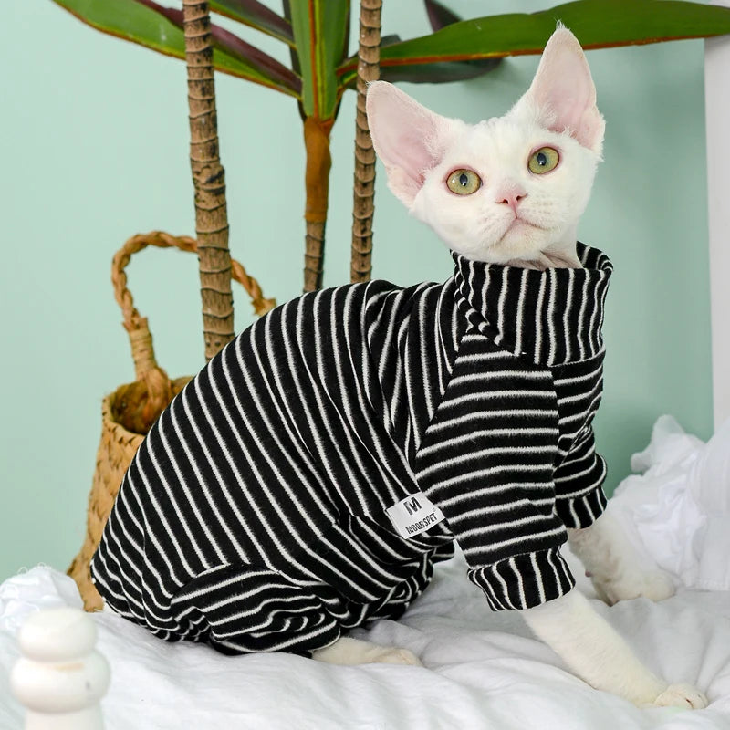 Striped Sphynx Cat Jumpsuit - Soft 4-Legged Loungewear for Hairless Cats