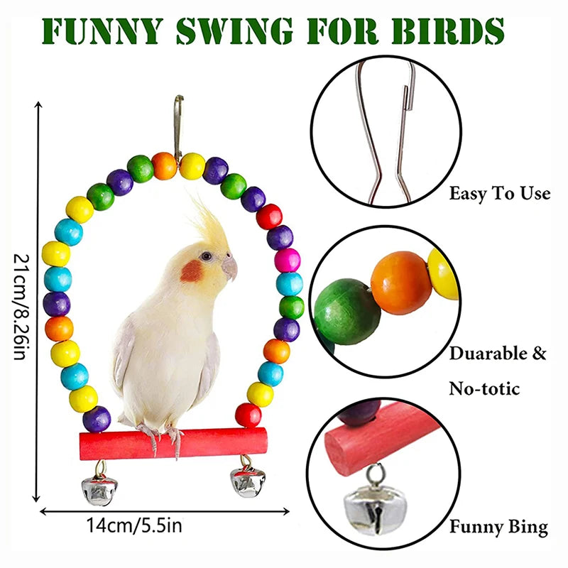7-Piece Parrot Toy Set - Wooden Swing and Climbing Cage Accessories