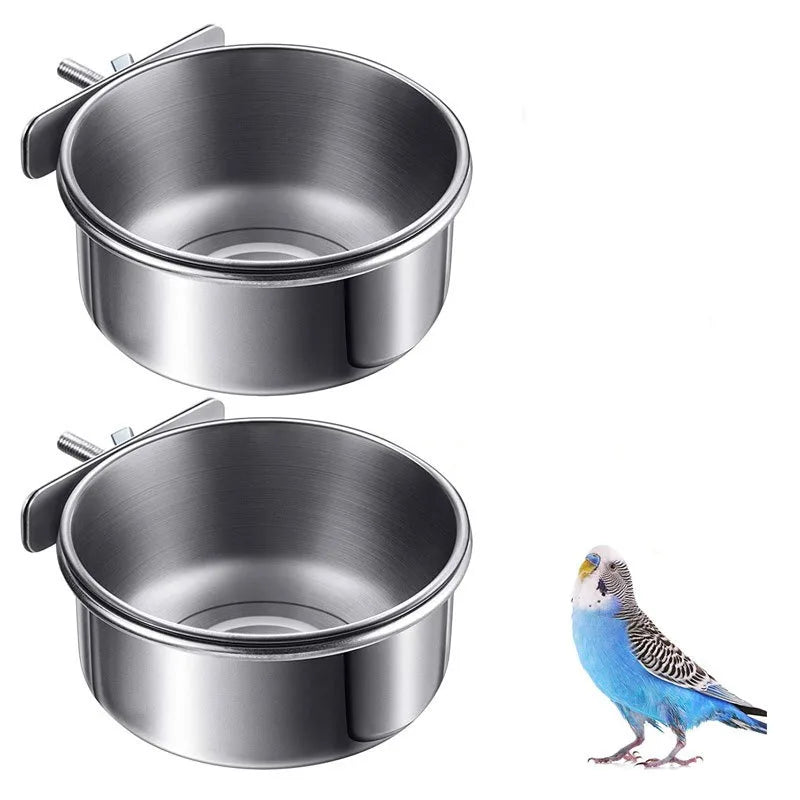 Stainless Steel Bird Feeder Cup - Clamp-On Food and Water Bowl for Cages