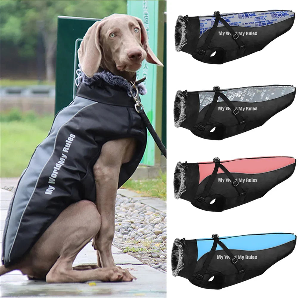Big Dog Winter Coat with Fur Collar - Thick Warm Jacket for Medium & Large Breeds