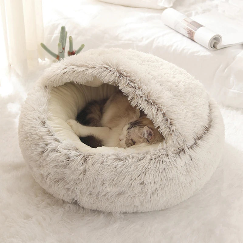 Round Plush Pet Cave Bed - Soft Covered Nest for Cats & Small Dogs