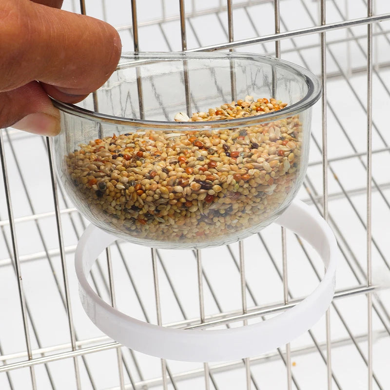 Detachable Transparent Bird Feeding Bowl - Hanging Cup for Parrots and Finches