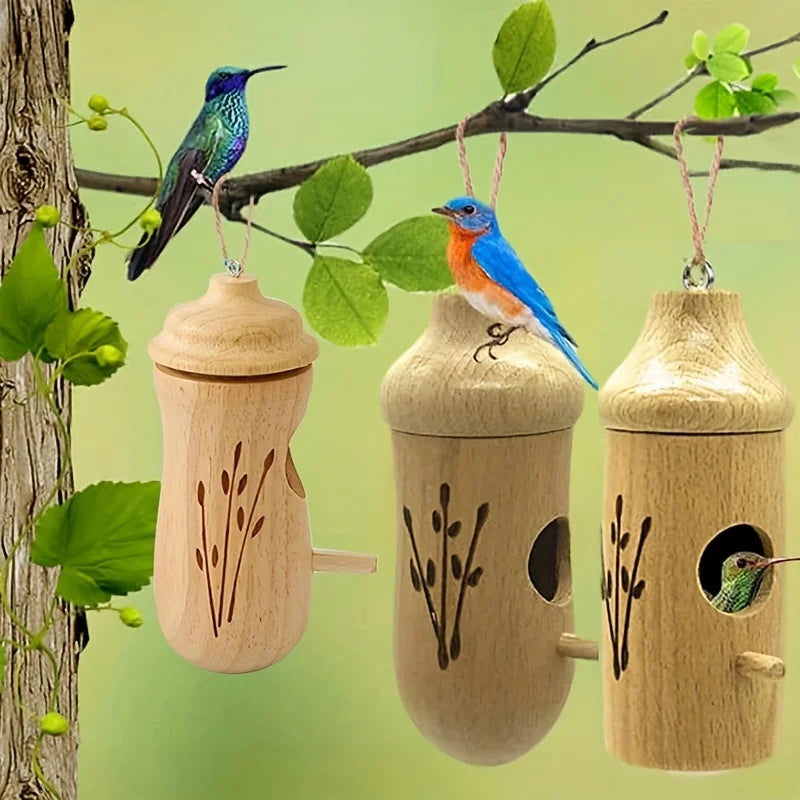 Wooden Hummingbird House - Decorative Hanging Bird Nest for Outdoor Gardens