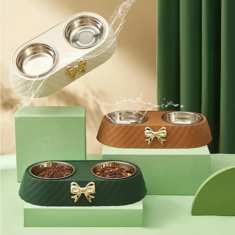 Bowtie Double Pet Bowl Set - Food and Water Feeder for Cats & Dogs