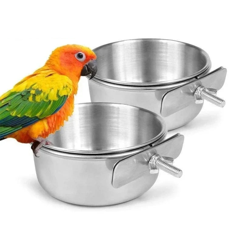 Stainless Steel Bird Feeder Cup - Clamp-On Food and Water Bowl for Cages