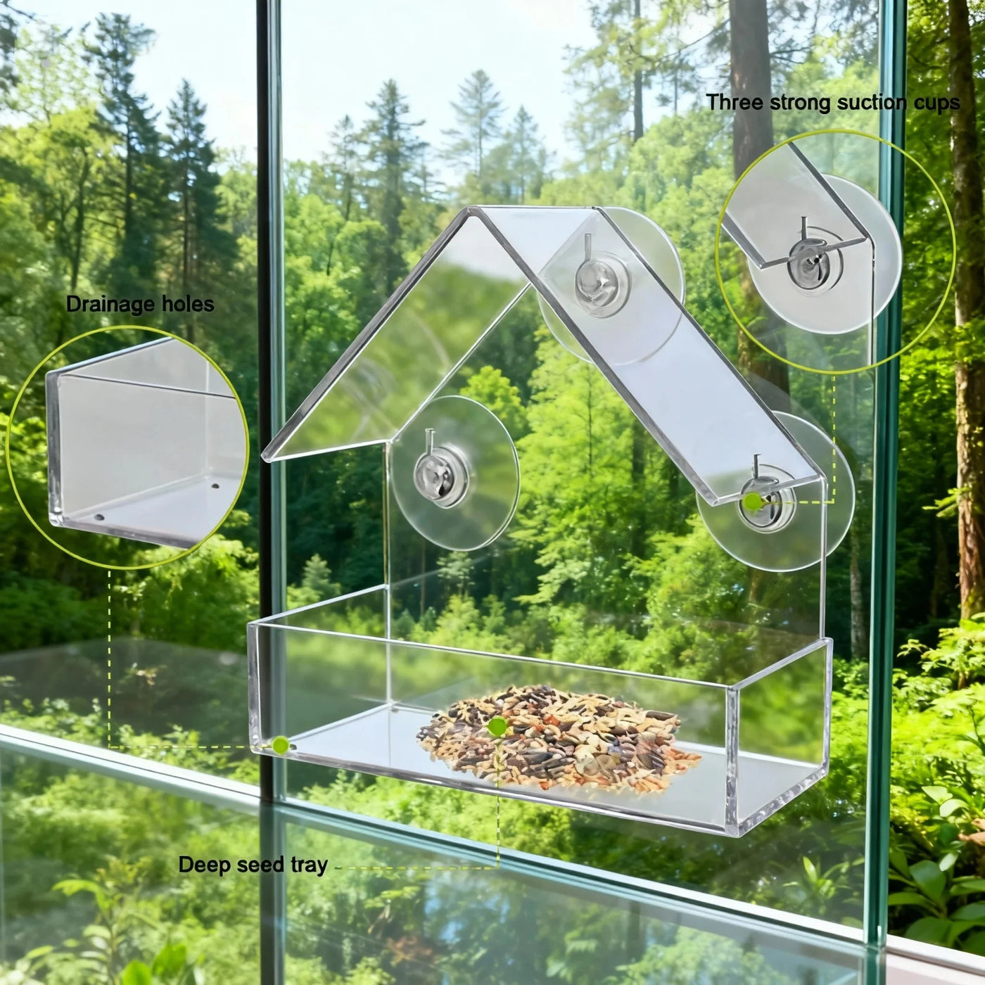 Clear Window Bird Feeder - Acrylic Hanging Feeder with Suction Cups