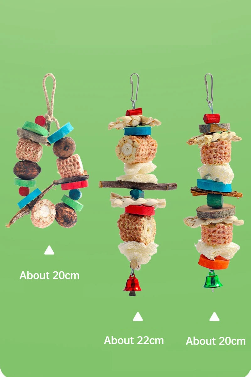 Natural Parrot Chew Toy - Hanging Corn Cob and Wood Bird Toy