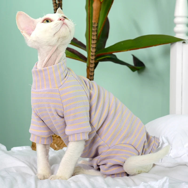Striped Sphynx Cat Jumpsuit - Soft 4-Legged Loungewear for Hairless Cats
