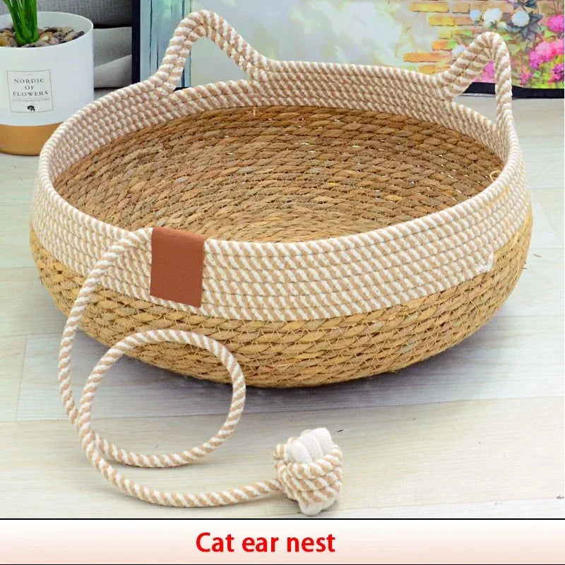 Woven Summer Cat Bed - Breathable Rattan Sleeping House for Indoor Cats